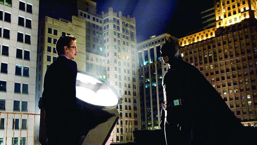 Gotham City Police Lt. Gordon and Batman on Rooftop with Bat-Signal